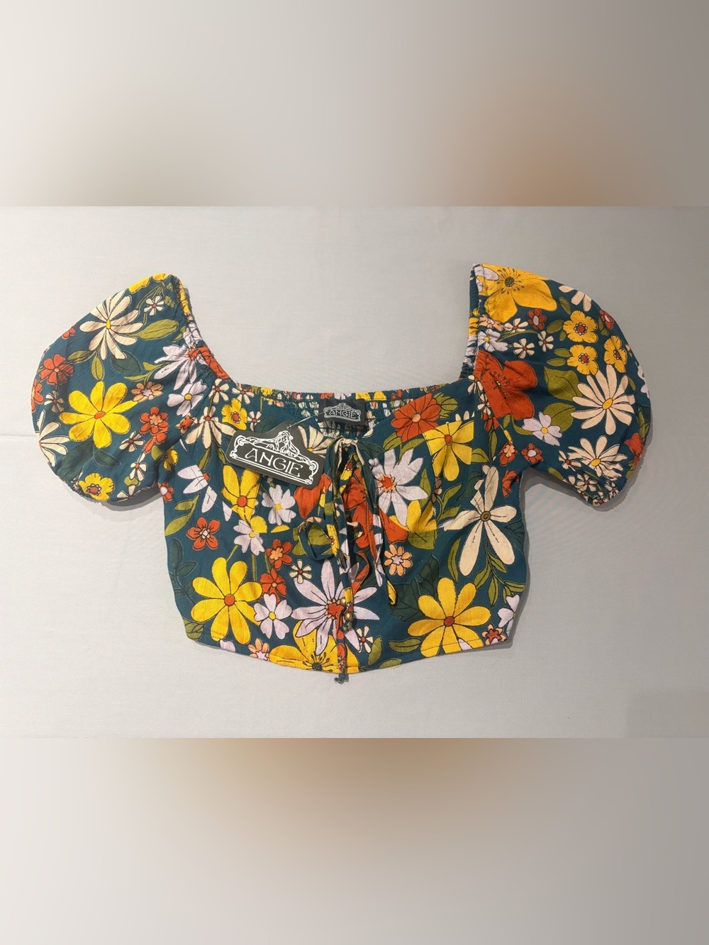 Angie Teal Floral Tie-Front Crop Top